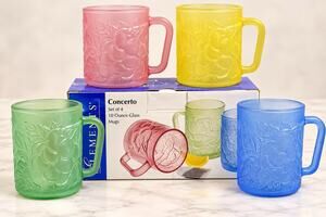 Elements Concerto Frosted Glass Mugs Set of 4 10oz Fruit Pastel NEW in Box